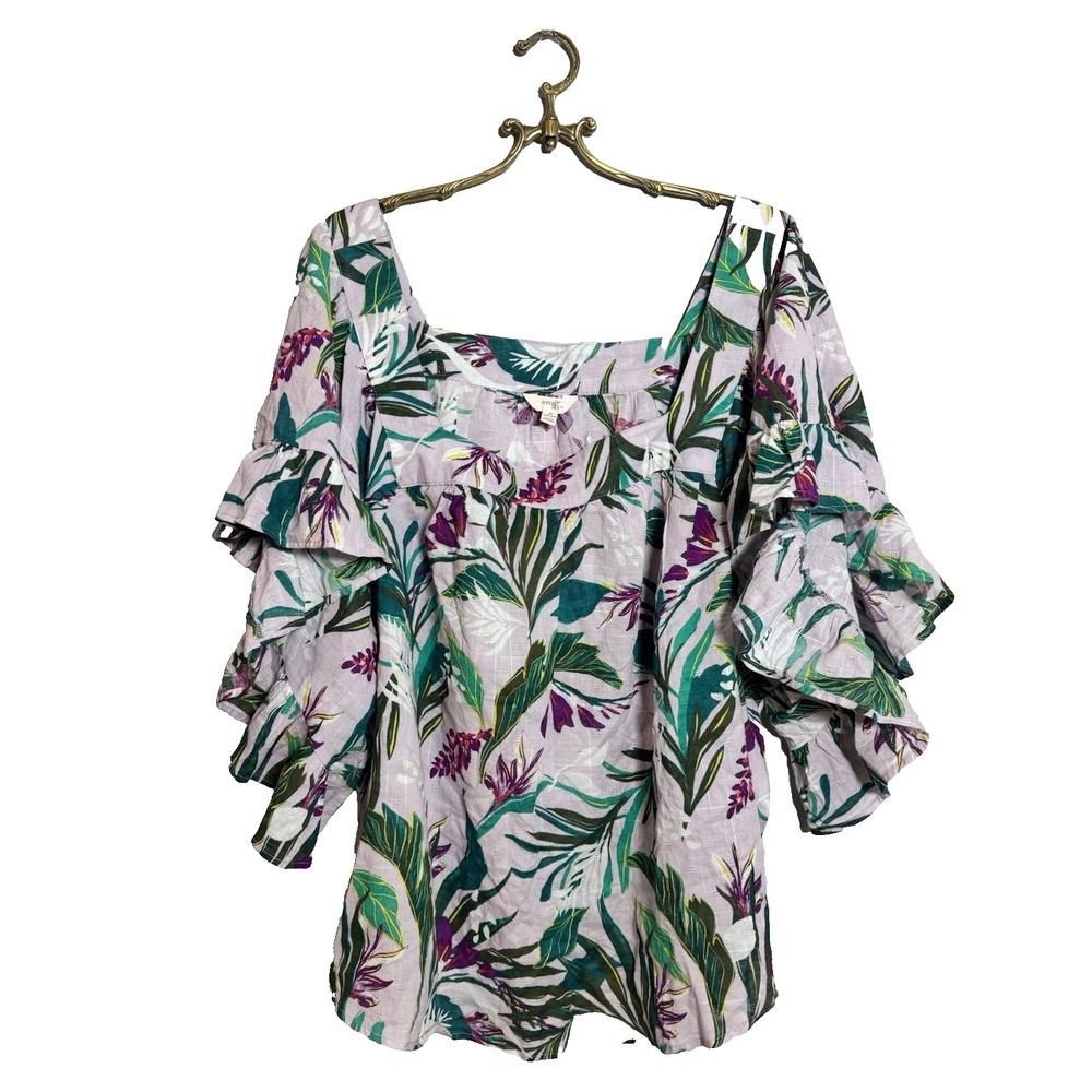 Terra & Sky Lavender Tropical Floral Ruffle Sleeve Square Neck Cotton Top 3X 24W